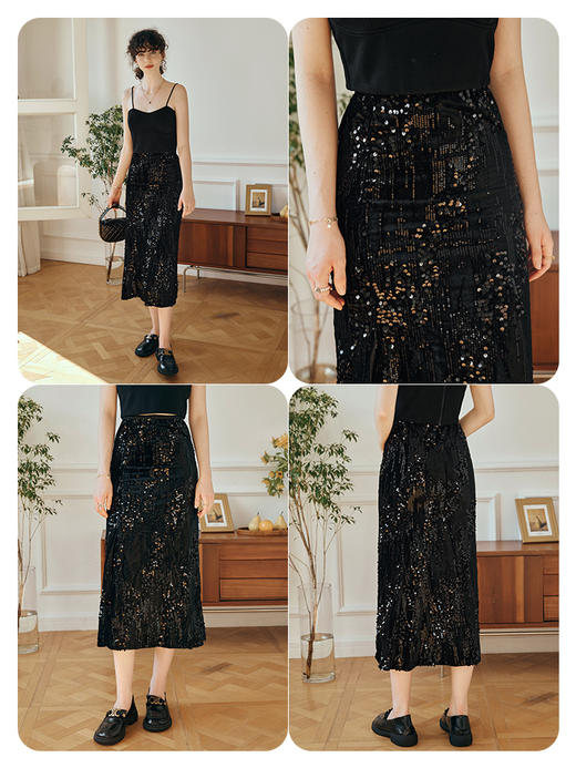 OLrain欧芮儿黑色丝绒半身裙女初秋2023新款高腰时尚珠片绣铅笔裙 商品图1