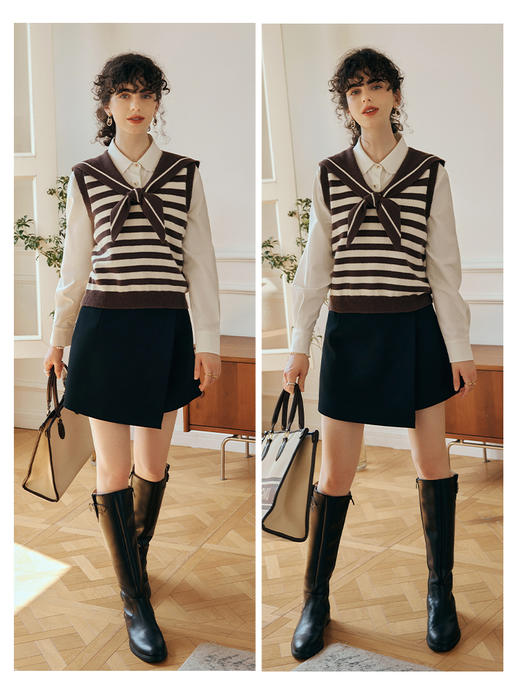 OLrain欧芮儿条纹针织背心女初秋2023新款复古美式海军领内搭马甲 商品图3