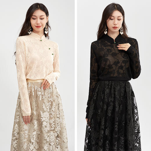 【特价不退不换】阿菁娜中式旗袍小立领提花面料毛衫F28Q301006 商品图0