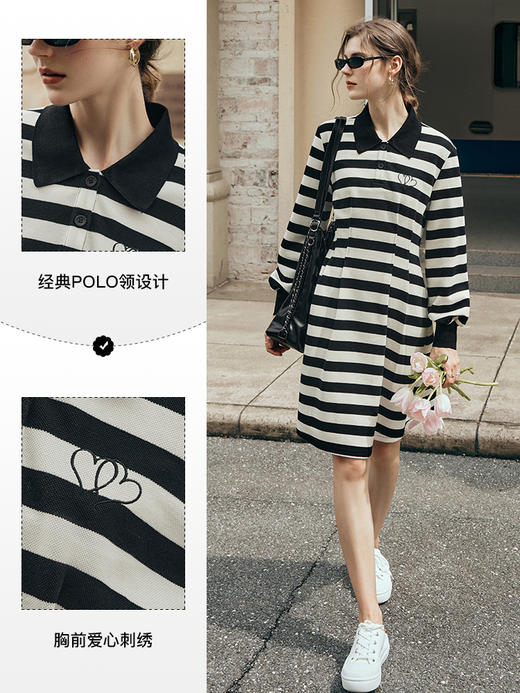 OLrain欧芮儿条纹POLO连衣裙女夏季2023新款爱心刺绣撞色卫衣裙子 商品图2