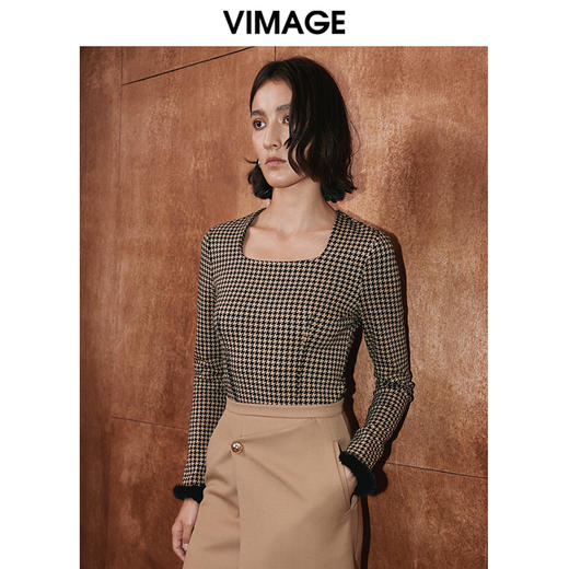 VIMAGE纬漫纪冬季新款时尚修身方领格子百搭上衣V2013617 商品图1
