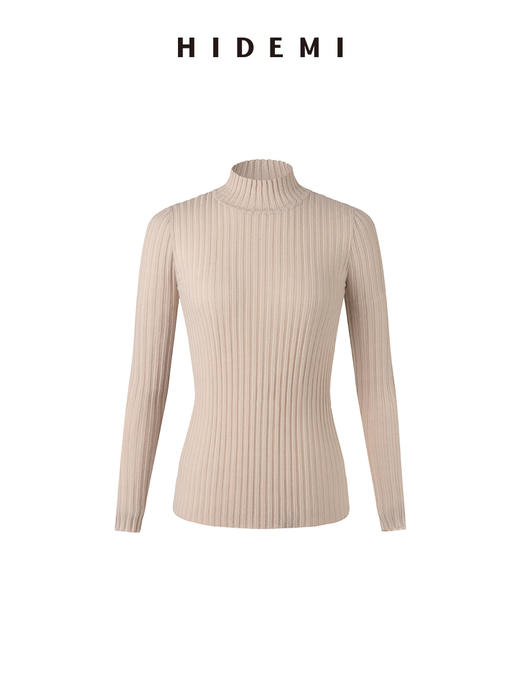 HIDEMI 美利奴极细羊毛坑条收身显瘦针织打底衫 浅米色/灰色/黑色/军绿色 商品图5