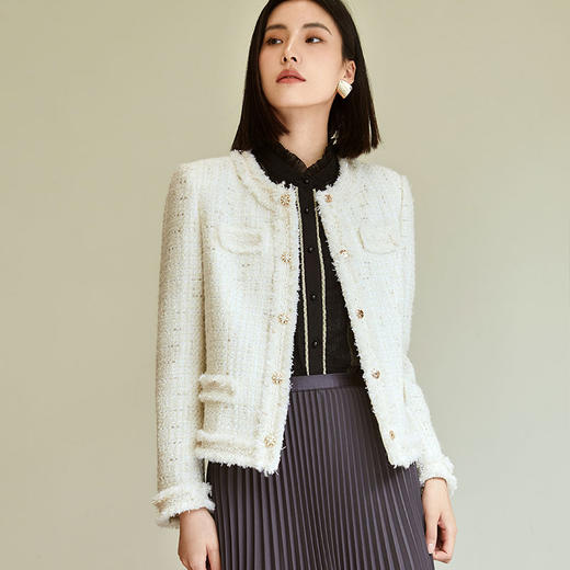 玳莎拉毛设计感小香风外套女2023年秋季新款优雅圆领收腰显瘦上衣  DC37304 商品图1