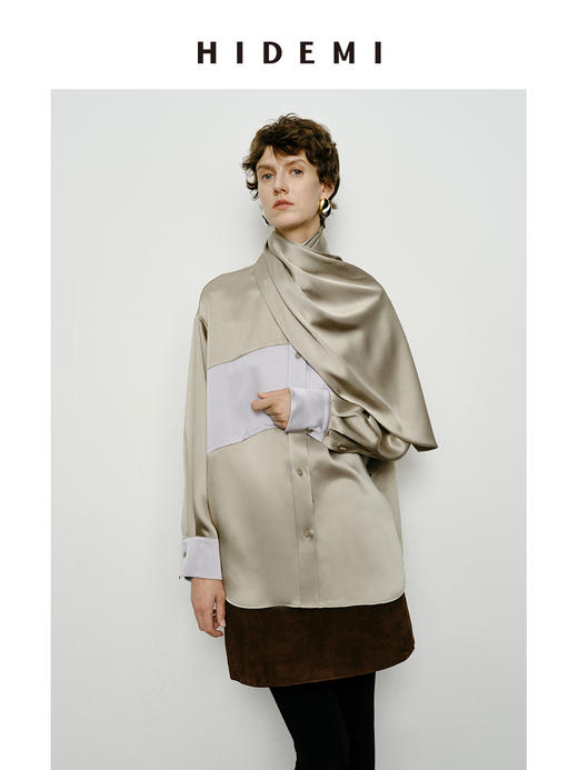 HIDEMI 艺术感缎面拼接撞色可拆卸丝巾衬衫 棕蓝色/绿紫色 商品图9