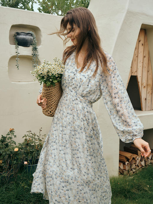 OLrain欧芮儿长袖碎花雪纺连衣裙女初秋2023新款收腰文艺风茶歇裙 商品图3