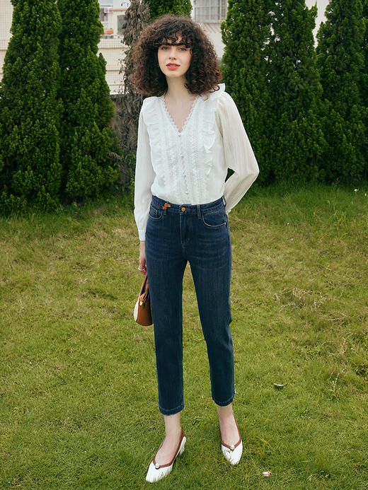 OLrain欧芮儿米白色蕾丝雪纺衫女初秋2023新款法式荷叶边V领小衫 商品图0