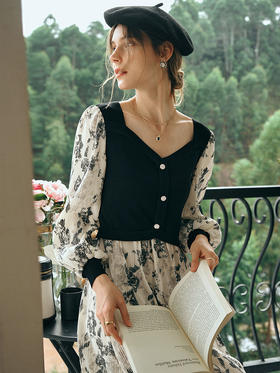 OLrain欧芮儿碎花连衣裙女初秋2023年新款收腰法式复古拼接茶歇裙