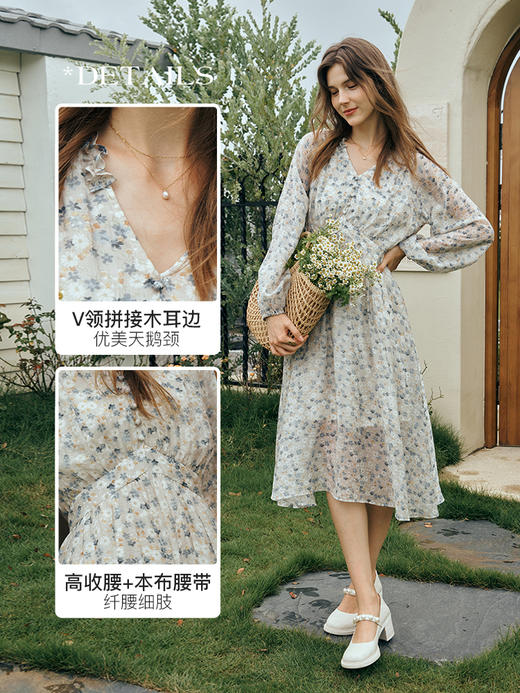 OLrain欧芮儿长袖碎花雪纺连衣裙女初秋2023新款收腰文艺风茶歇裙 商品图2