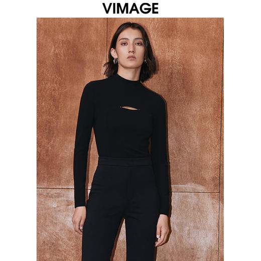 VIMAGE纬漫纪秋季新款黑色镂空设计感上衣V2013614 商品图3