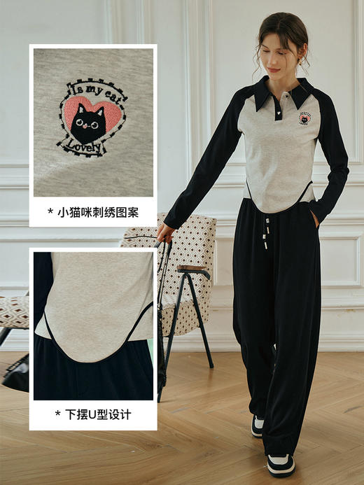 OLrain长袖POLO领T恤女秋装2023年新款显瘦美式复古撞色拼接上衣 商品图2