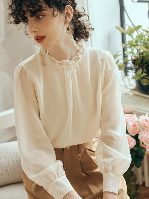 OLrain欧芮儿米杏色蕾丝雪纺衫女初秋2023新款法式木耳边立领小衫 商品图0