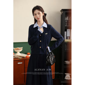 鹿向南「常青藤女孩」假两件藏蓝色长袖毛衣女秋季半身裙时尚套装