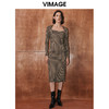 VIMAGE纬漫纪冬季新款格纹收腰修身显瘦裙摆开叉连衣裙V2007622 商品缩略图0