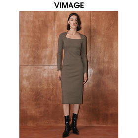 VIMAGE纬漫纪冬季新款格纹收腰修身显瘦裙摆开叉连衣裙V2007622