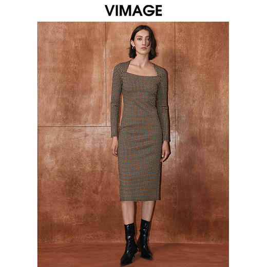 VIMAGE纬漫纪冬季新款格纹收腰修身显瘦裙摆开叉连衣裙V2007622 商品图0
