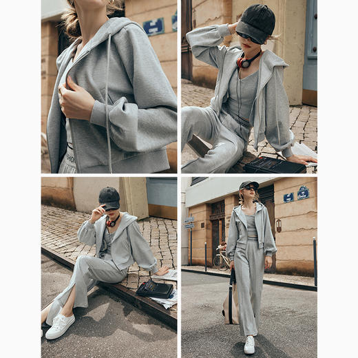 OLrain欧芮儿灰色连帽短外套女初秋2023新款宽松运动休闲拉链卫衣 商品图1