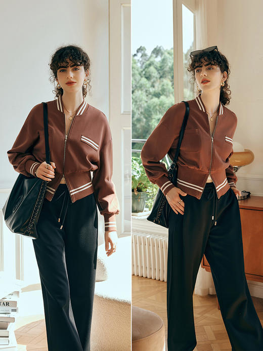 OLrain欧芮儿咖色短外套初秋2023年新款时尚潮流设计感撞色棒球服 商品图3