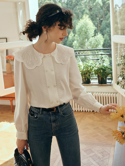 OLrain欧芮儿娃娃领蕾丝雪纺衫女初秋2023新款宽松法式泡泡袖小衫 商品图0
