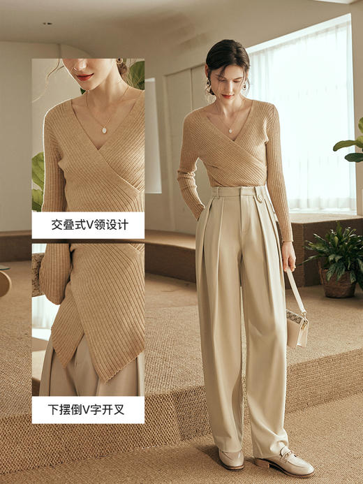 OLrain欧芮儿纯色V领毛衣女秋季2023年新款修身不规则套头针织衫 商品图2