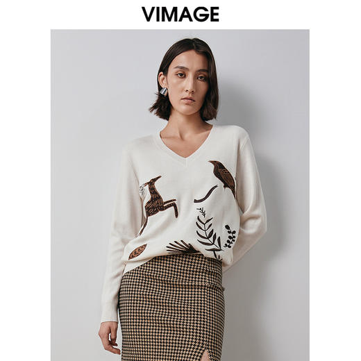 VIMAGE纬漫纪冬季新款刺绣宽松舒适套头针织衫V2001605 商品图3