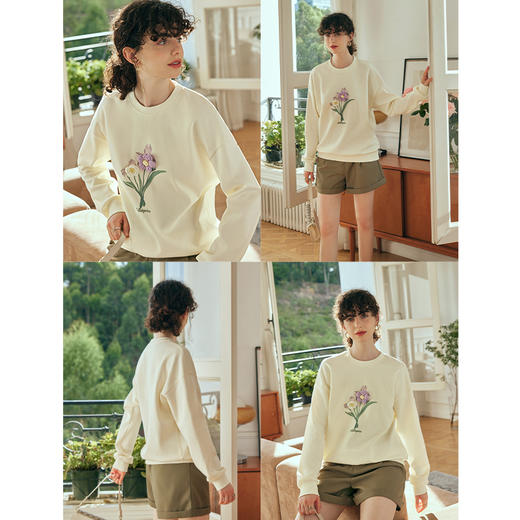 OLrain欧芮儿长袖圆领厚棉T女初秋2023新款宽松立体手钩花套头上衣 商品图1