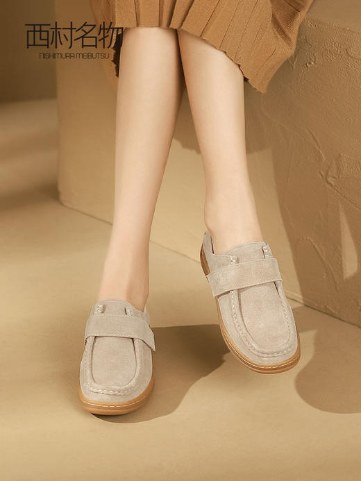 西村名物2023秋季新款平跟真皮魔术贴厚底增高单鞋小皮鞋舒适软底 商品图3