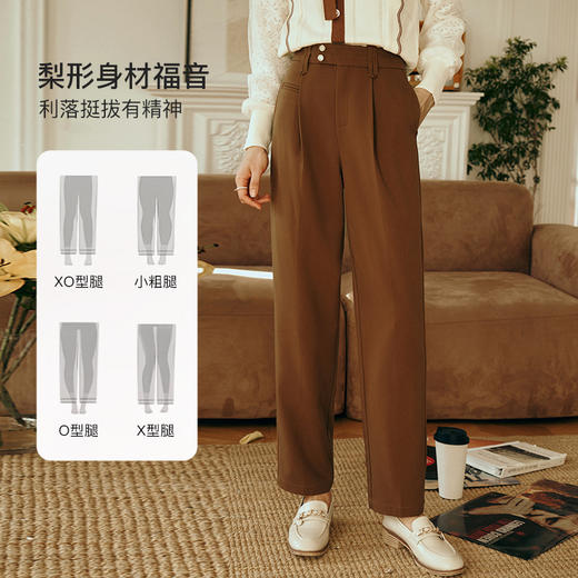 OLrain欧芮儿焦糖色休闲裤女初秋2023新款高腰直筒阔腿九分锥形裤 商品图0