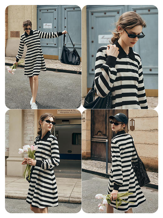 OLrain欧芮儿条纹POLO连衣裙女夏季2023新款爱心刺绣撞色卫衣裙子 商品图1