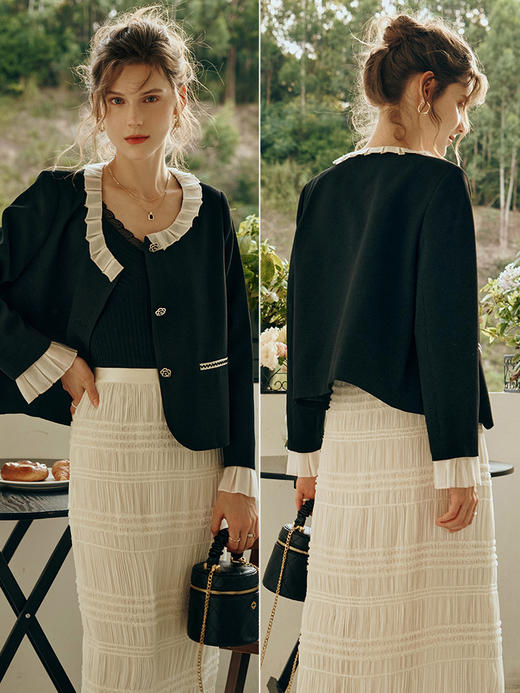 OLrain欧芮儿黑色短外套初秋2023年新款法式名媛娃娃领花边领外套 商品图3