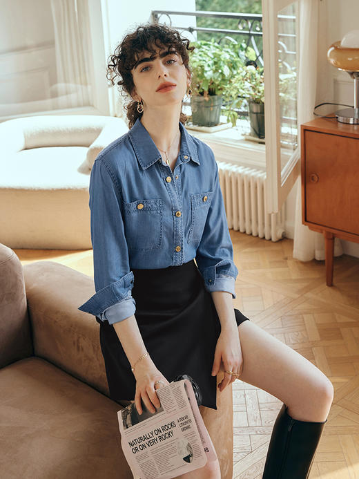 OLrain欧芮儿长袖牛仔衬衫女初秋2023年新款宽松时尚口袋休闲衬衣 商品图0