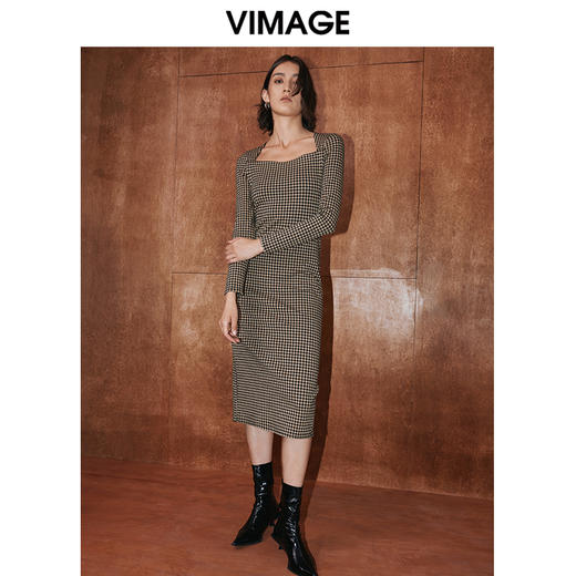 VIMAGE纬漫纪冬季新款格纹收腰修身显瘦裙摆开叉连衣裙V2007622 商品图1