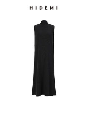 HIDEMI 极简小圆领廓形折叠立体剪裁微斗篷式真丝羊毛针织连衣裙 黑色/灰色