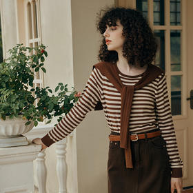OLrain欧芮儿咖色条纹毛衣女初秋2023年新款麻花披肩两件套针织衫