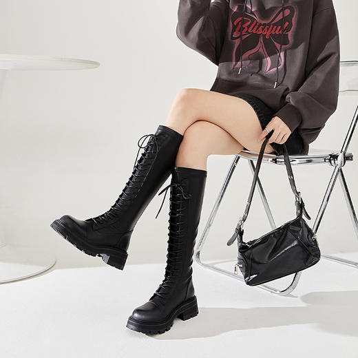 西遇长筒马丁靴女新款秋季骑士弹力瘦瘦靴黑色厚底不过膝长靴21933844 商品图2