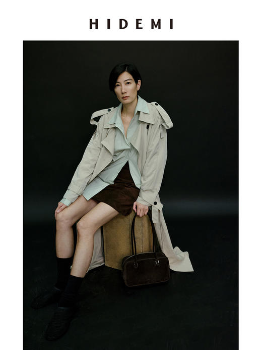 HIDEMI 【赵露思同款】翻领极简设计感双排扣长款风衣 杏仁色/夜空蓝 商品图11