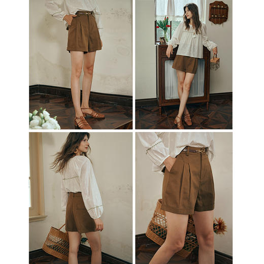 OLrain欧芮儿卡其色休闲裤女初秋2023年新款高腰阔腿A字五分短裤 商品图1