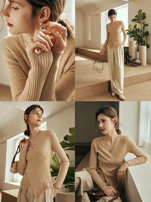 OLrain欧芮儿纯色V领毛衣女秋季2023年新款修身不规则套头针织衫 商品图1