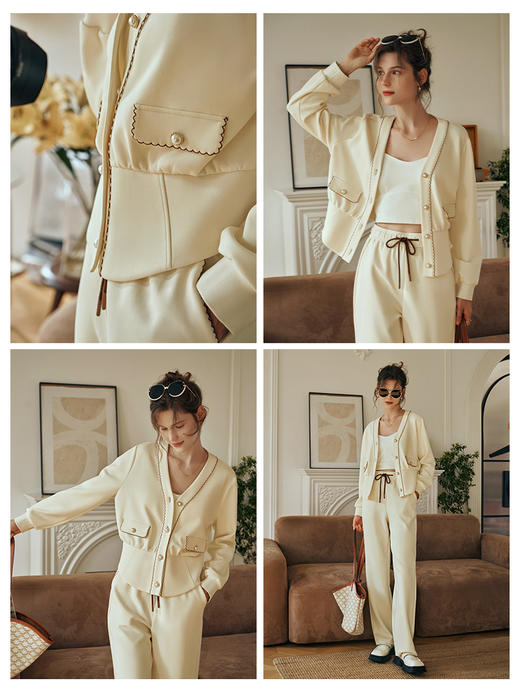 OLrain欧芮儿杏黄色卫衣短外套女初秋2023新款宽松撞色温柔风开衫 商品图1