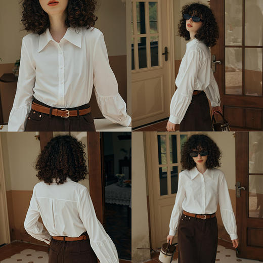 OLrain欧芮儿米白色衬衫女初秋2023年新款宽松复古灯笼袖休闲衬衣 商品图1