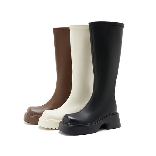 西遇长筒瘦瘦靴女新款秋季弹力白色方头增高厚底不过膝长靴子D1933854 商品图4