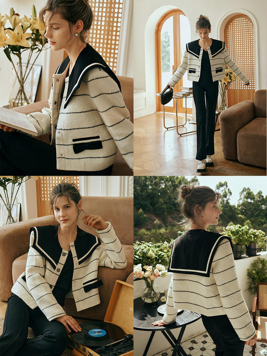 OLrain欧芮儿小香风短外套初秋2023新款减龄海军领条纹粗花呢上衣 商品图1