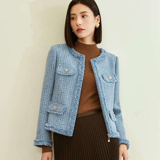 玳莎小香风箱型外套女秋季亮片拉毛高级感粗花呢圆领上衣  DC37305 商品图0