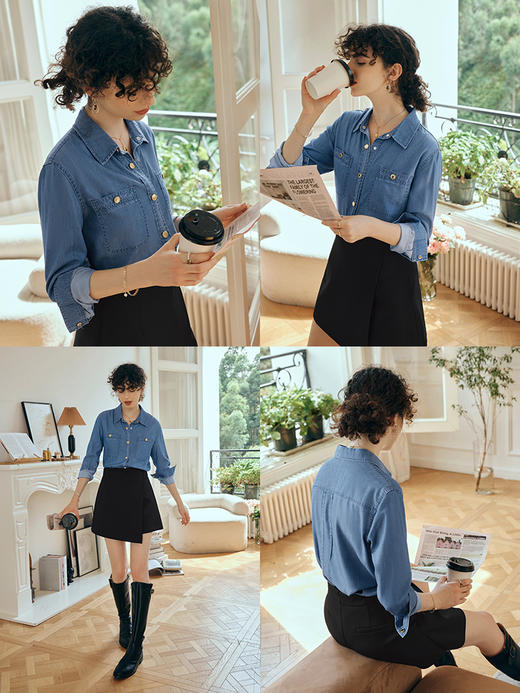 OLrain欧芮儿长袖牛仔衬衫女初秋2023年新款宽松时尚口袋休闲衬衣 商品图1