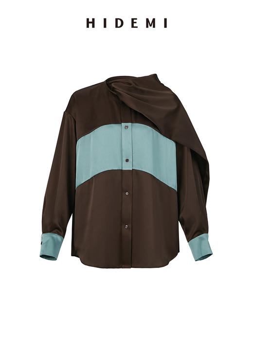 HIDEMI 艺术感缎面拼接撞色可拆卸丝巾衬衫 棕蓝色/绿紫色 商品图13