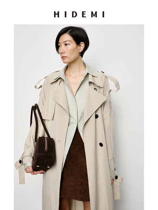 HIDEMI 【赵露思同款】翻领极简设计感双排扣长款风衣 杏仁色/夜空蓝 商品图6