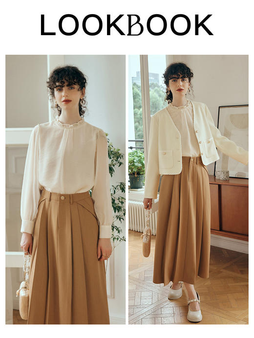 OLrain欧芮儿米杏色蕾丝雪纺衫女初秋2023新款法式木耳边立领小衫 商品图3