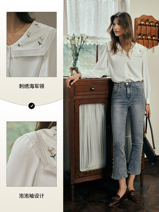 OLrain欧芮儿米白色蕾丝雪纺衫女初秋2023新款宽松刺绣海军领小衫 商品图2
