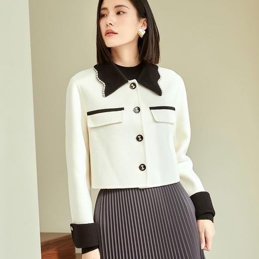 玳莎小个子双面呢短款大衣2023秋冬新款优雅波浪翻领正肩毛呢外套  DC37308 商品图1