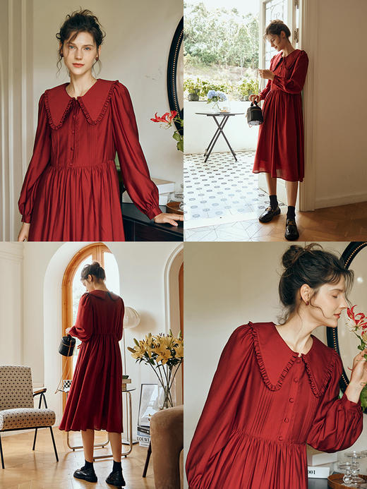 OLrain欧芮儿红色连衣裙女初秋2023年新款收腰法式气质娃娃领裙子 商品图1