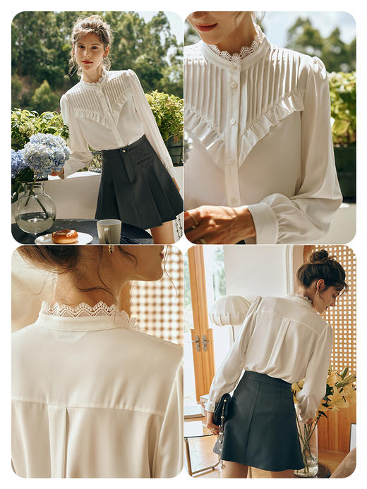 OLrain欧芮儿米白色长袖衬衫女初秋2023年新款对丝荷叶边减龄小衫 商品图1